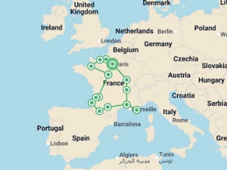 Map of Europe Countryside and village visits Tour with 8 destination visits for the trip: Highlights of France