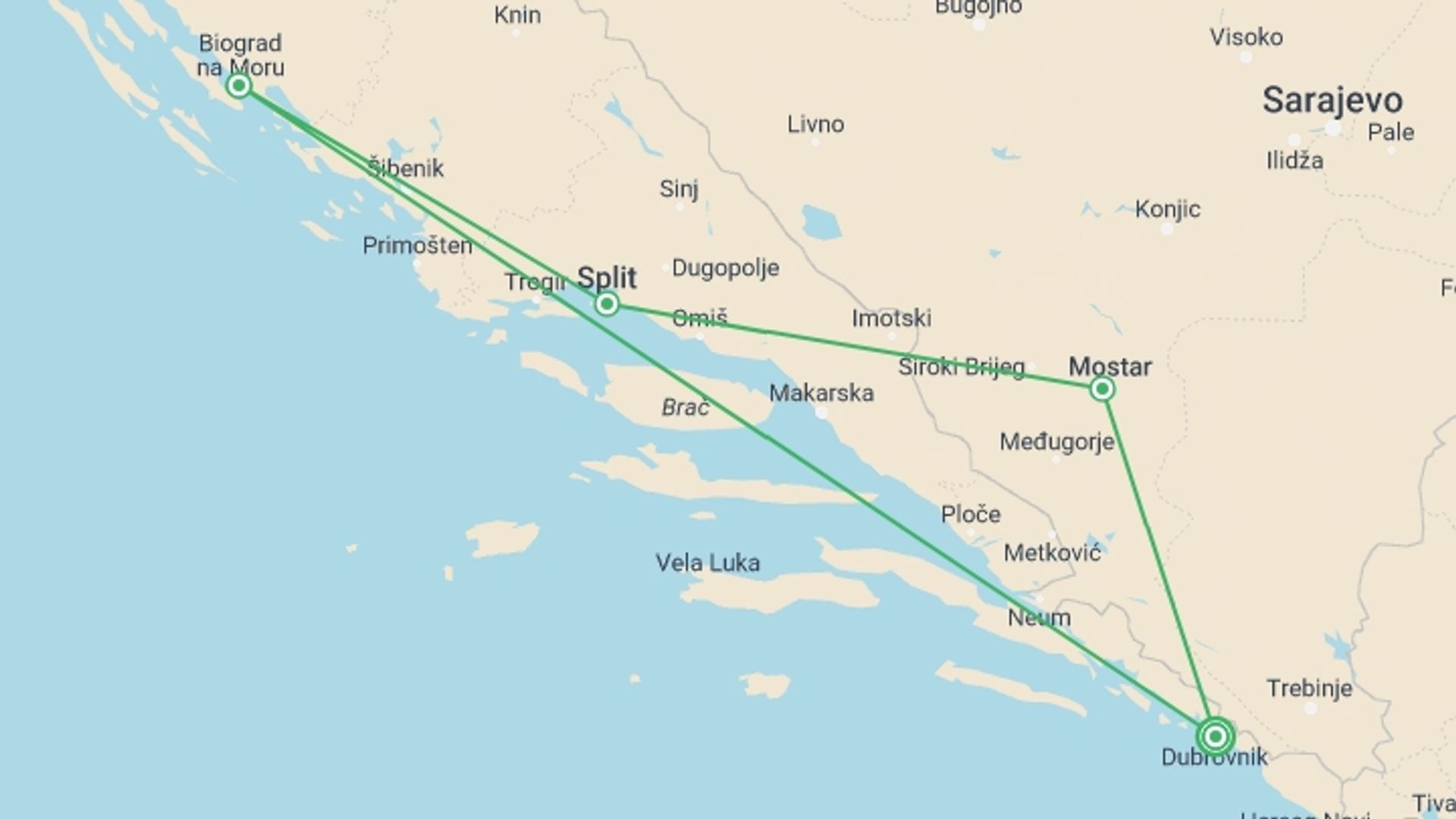 A map showing the tour itinerary for the trip: Discover Croatia And Bosnia, Self-drive (multi Country), starting in Dubrovnik, Croatia and ending in Dubrovnik, Croatia going through 3 other destinations.