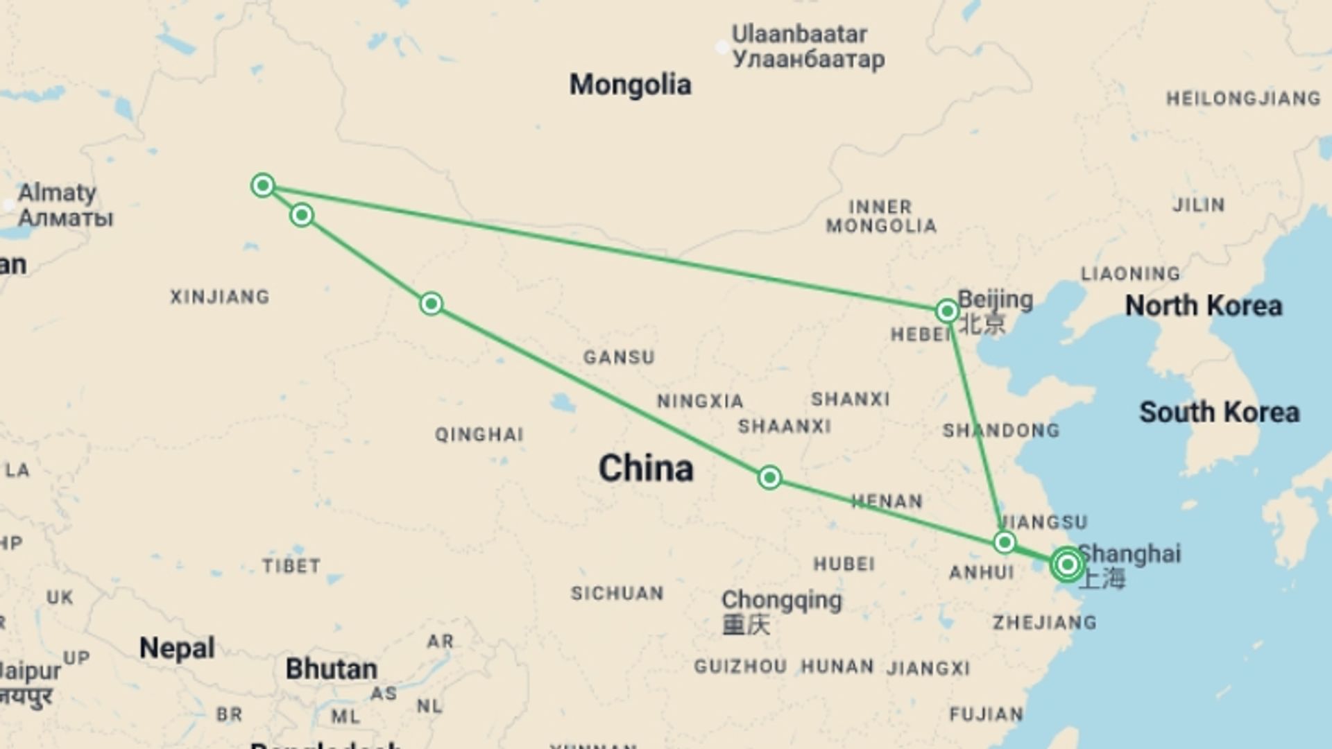 A map showing the tour itinerary for the trip: Discover China and the Silk Road, starting in Shanghai, China and ending in Shanghai, China going through 6 other destinations.