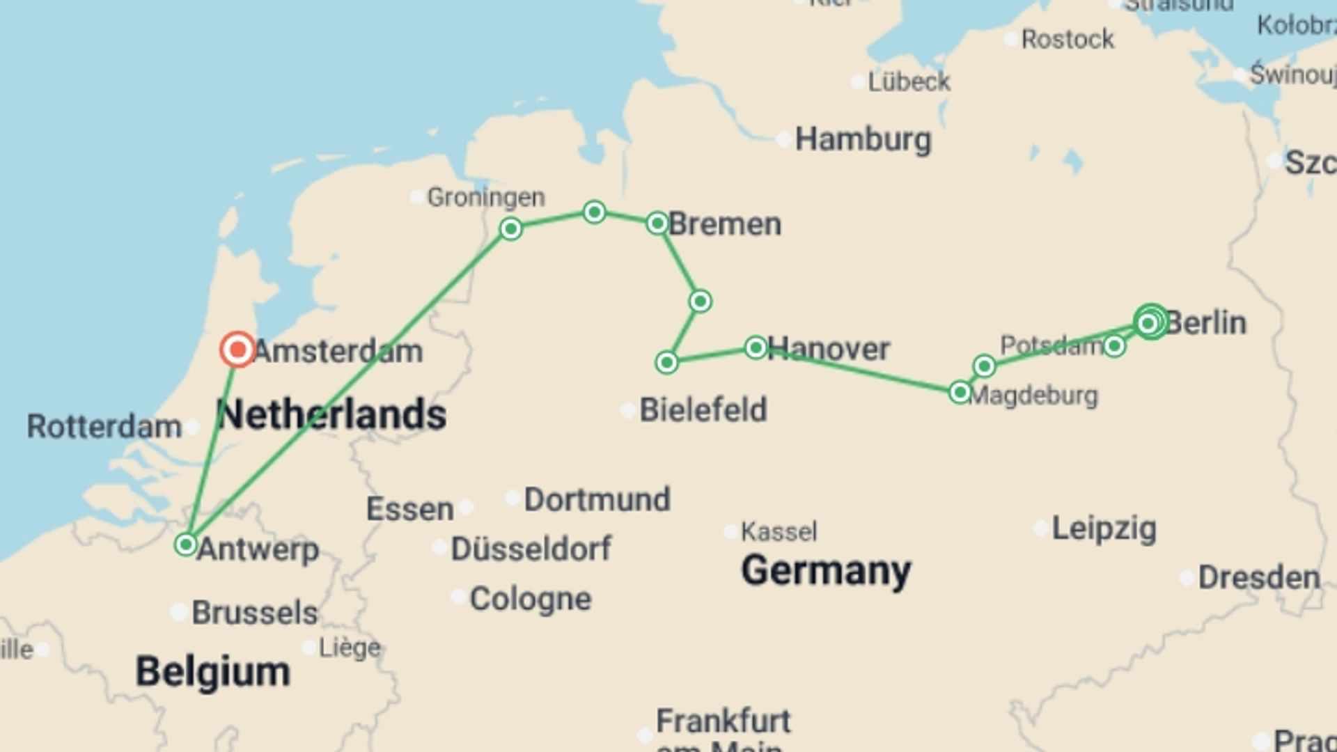 A map showing the tour itinerary for the trip: From Berlin to Amsterdam (port-to-port cruise), starting in Berlin, Germany and ending in Amsterdam, Holland going through 3 other destinations.