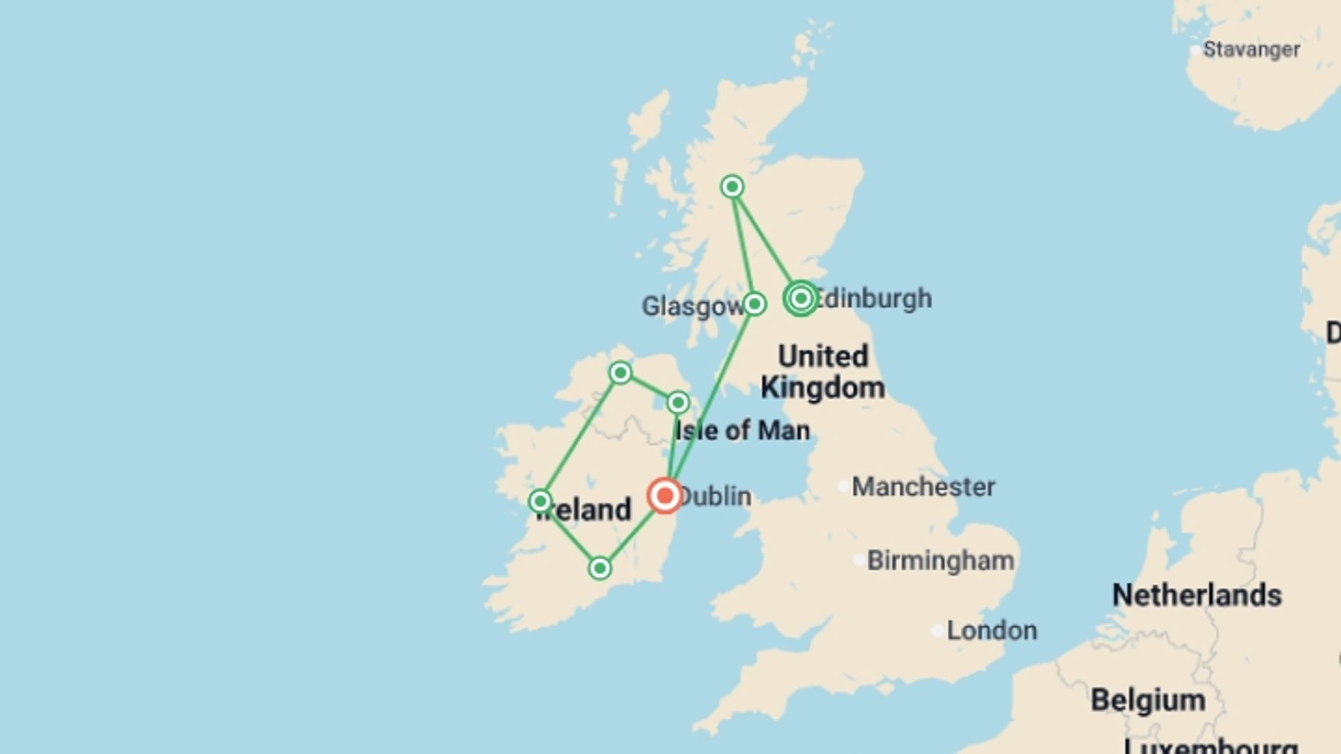 A map showing the tour itinerary for the trip: Scotland and Ireland, starting in Edinburgh, Scotland and ending in Dublin, Ireland going through 6 other destinations.