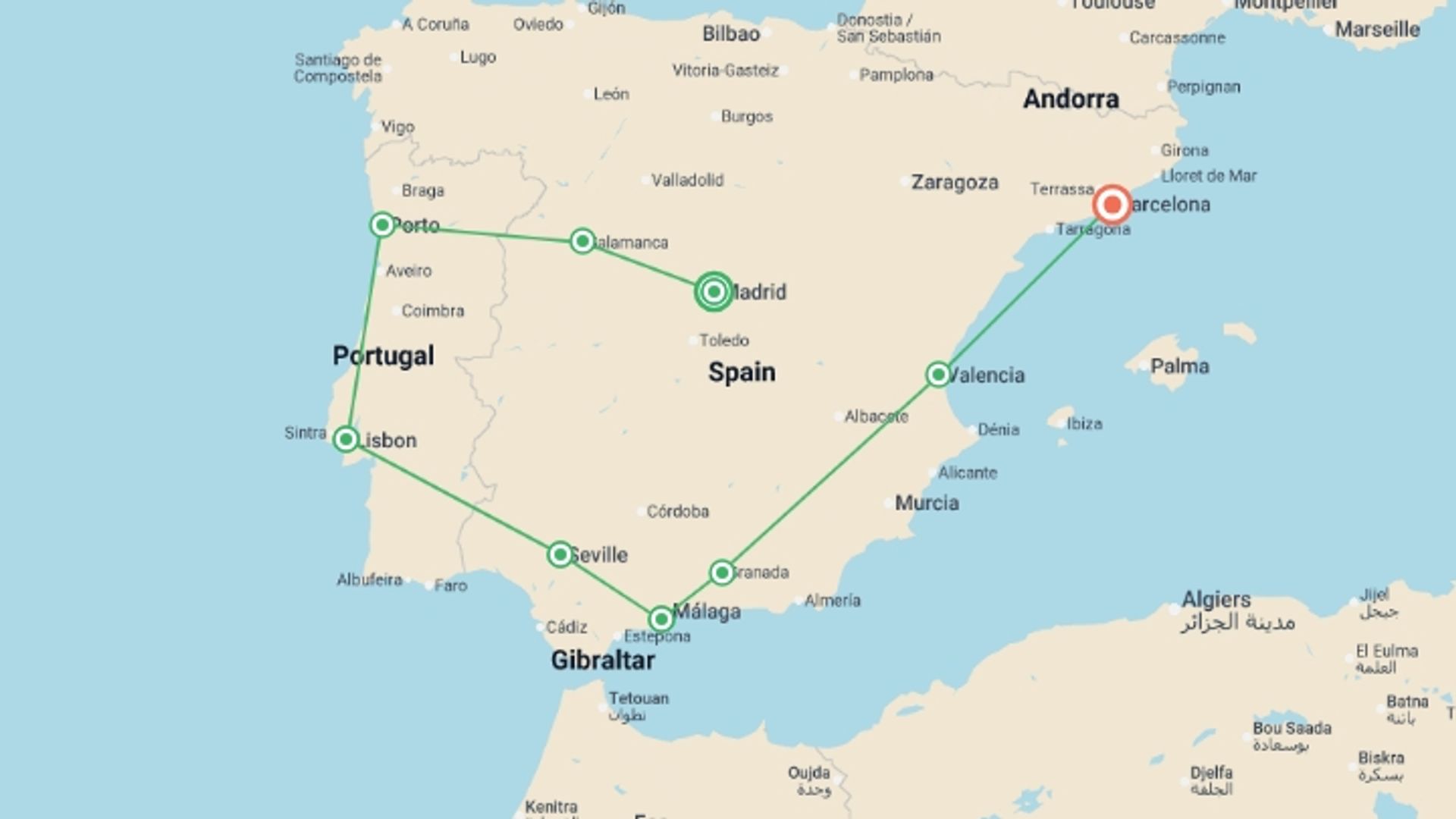 A map showing the tour itinerary for the trip: Best of Spain and Portugal, starting in Madrid, Spain and ending in Barcelona, Spain going through 7 other destinations.