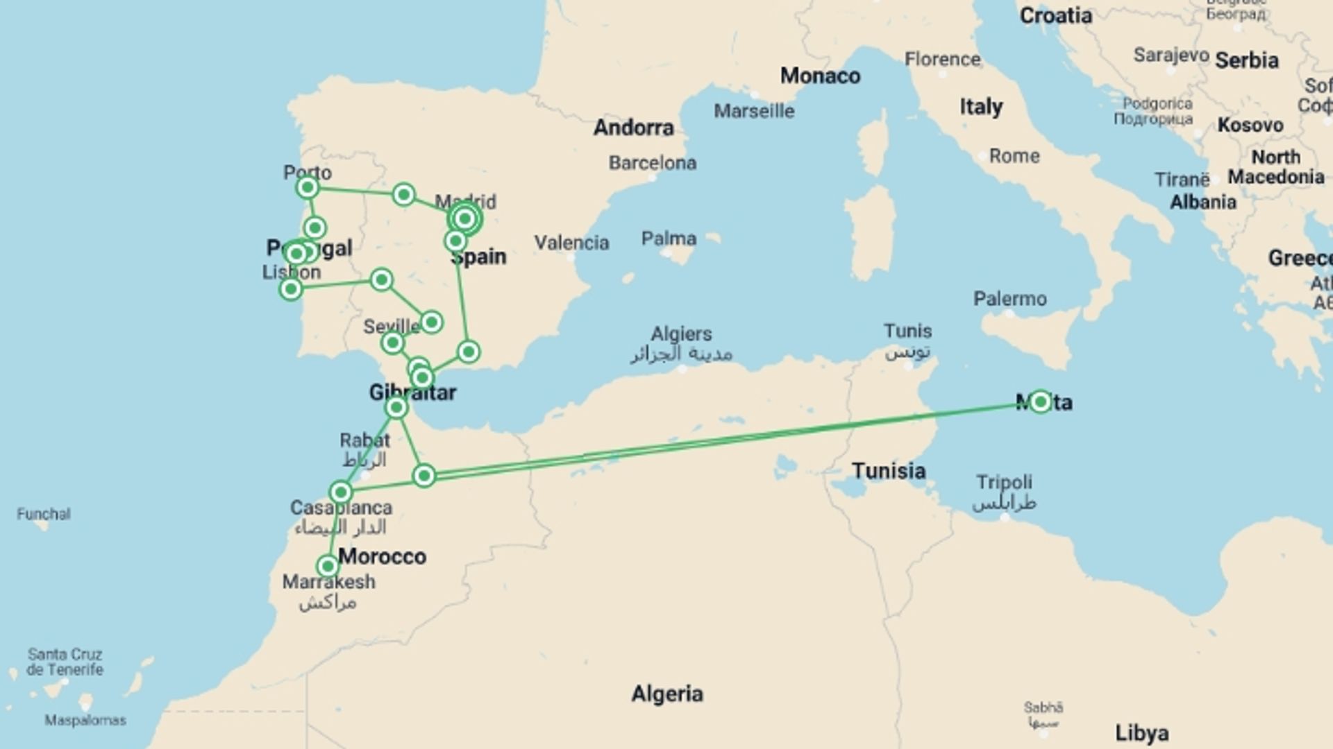 A map showing the tour itinerary for the trip: Spain, Portugal & Morocco (bilingual), starting in Madrid, Spain and ending in Madrid, Spain going through 10 other destinations.