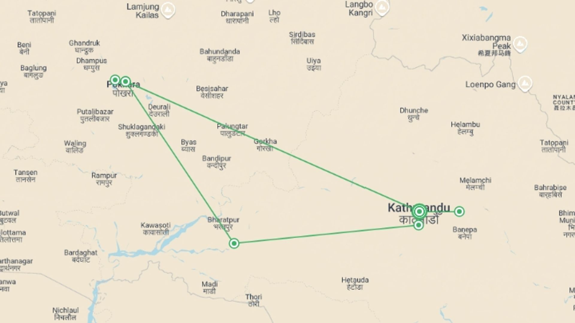 A map showing the tour itinerary for the trip: Treasures of Nepal - 9 days, starting in Kathmandu, Nepal and ending in Kathmandu, Nepal going through 4 other destinations.