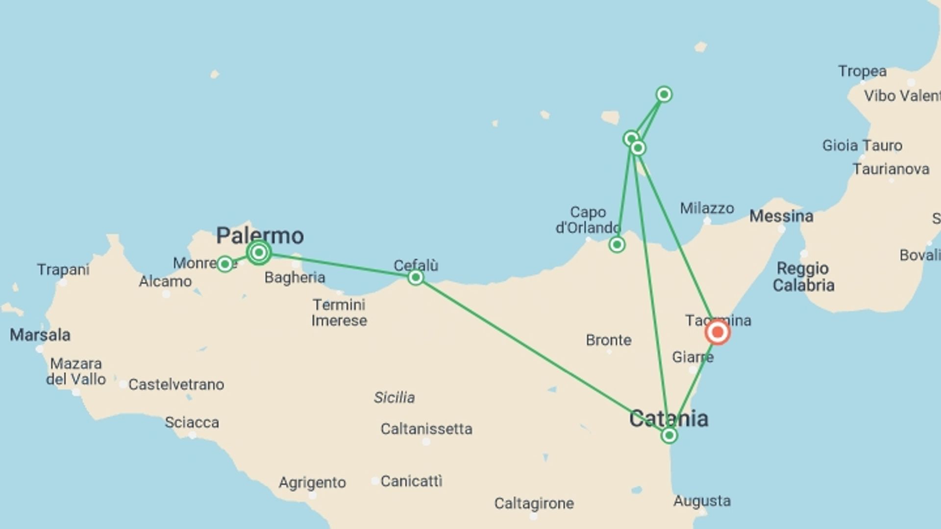 A map showing the tour itinerary for the trip: Sicily & Aeolian Islands Discovery, starting in Palermo, Italy and ending in Taormina, Italy going through 5 other destinations.
