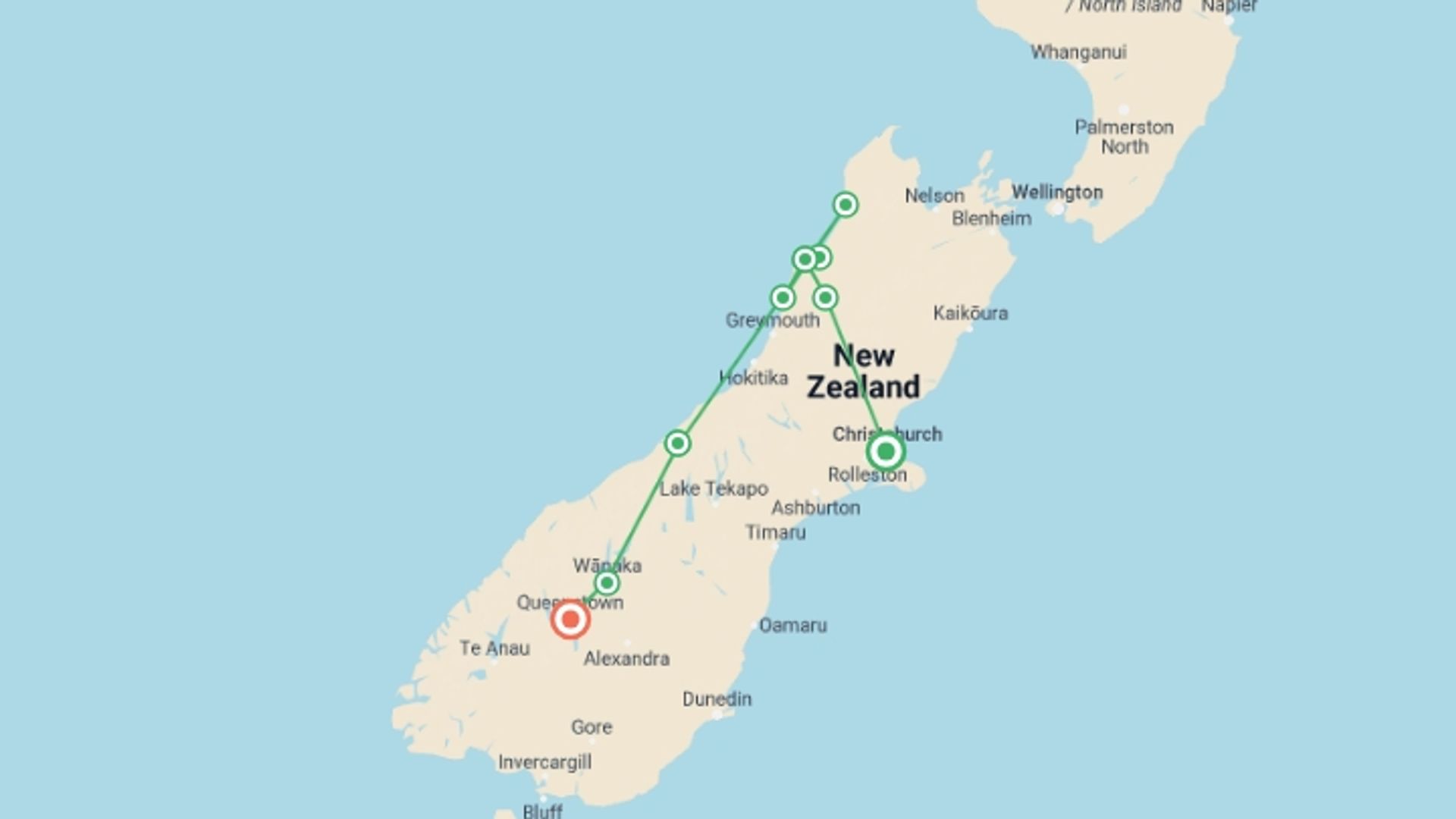 A map showing the tour itinerary for the trip: New Zealand West Coast Adventure, starting in Christchurch, New Zealand and ending in Queenstown, New Zealand going through 5 other destinations.