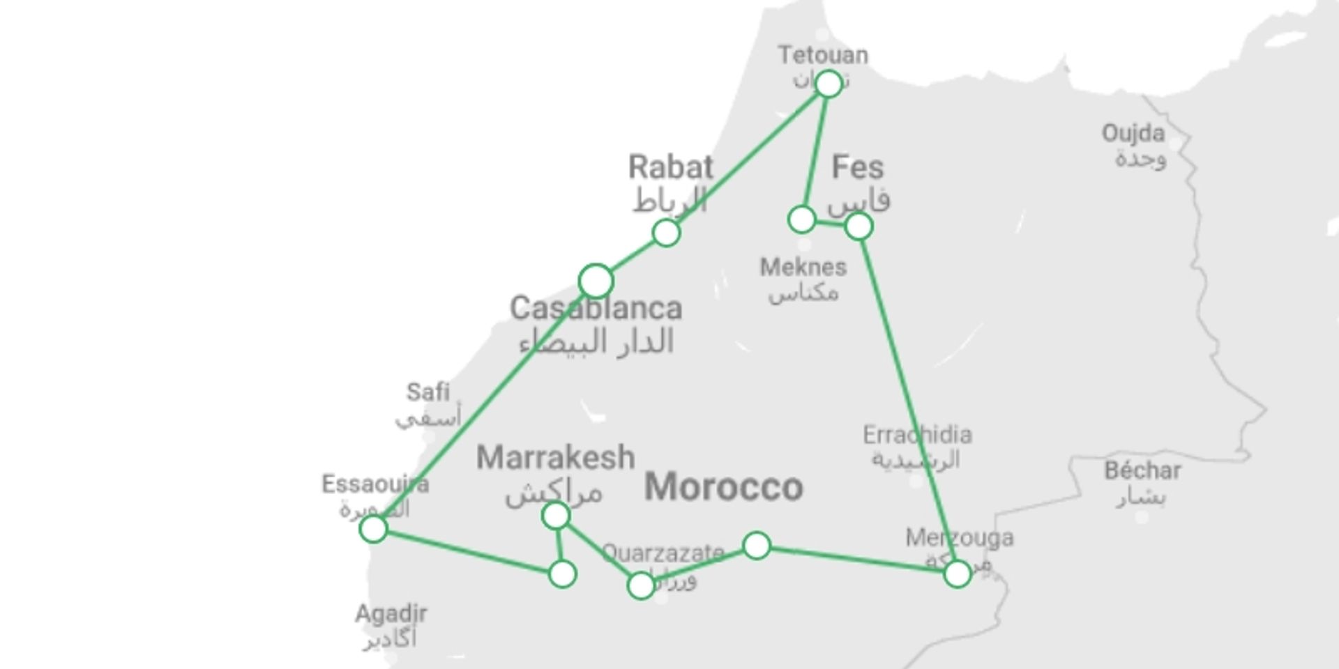 A map showing the tour itinerary for the trip: Morocco Luxury Tour – North to south, starting in Casablanca, Morocco and ending in Casablanca, Morocco going through 14 other destinations.