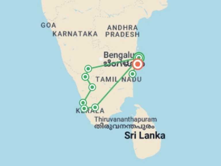 Map of a Farm and plantation visits Tour with 11 destination visits for the trip: Highlights of Southern India