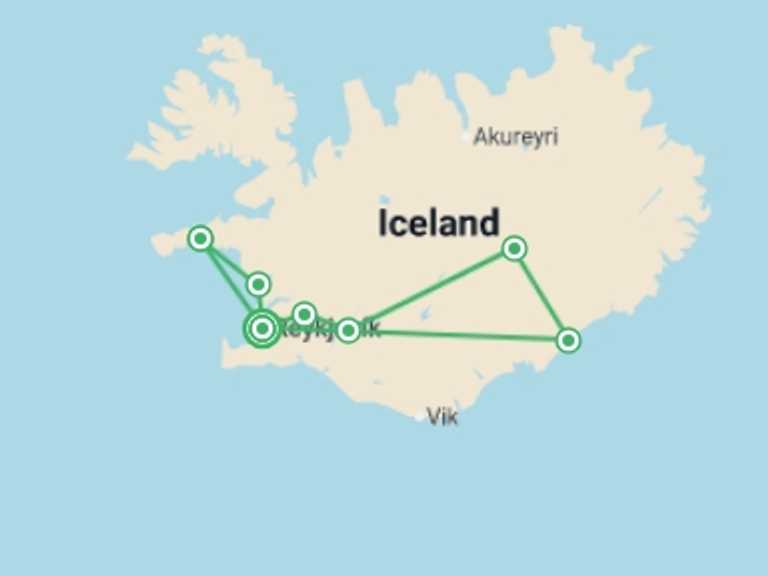 Map itinerary of Europe Tour in March 2026 with 4 destination visits for the trip: Premium Iceland in Winter
