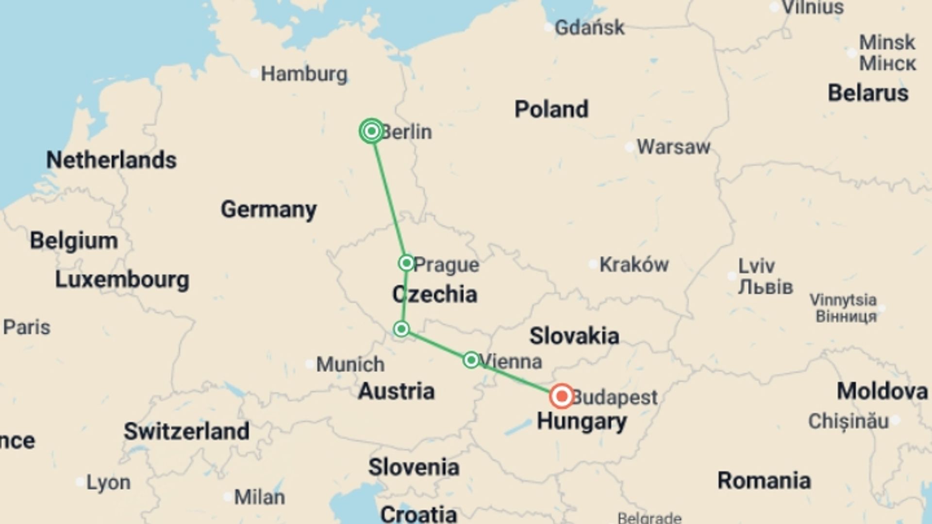 A map showing the tour itinerary for the trip: Journeys: Explore Central Europe, starting in Berlin, Germany and ending in Budapest, Hungary going through 3 other destinations.