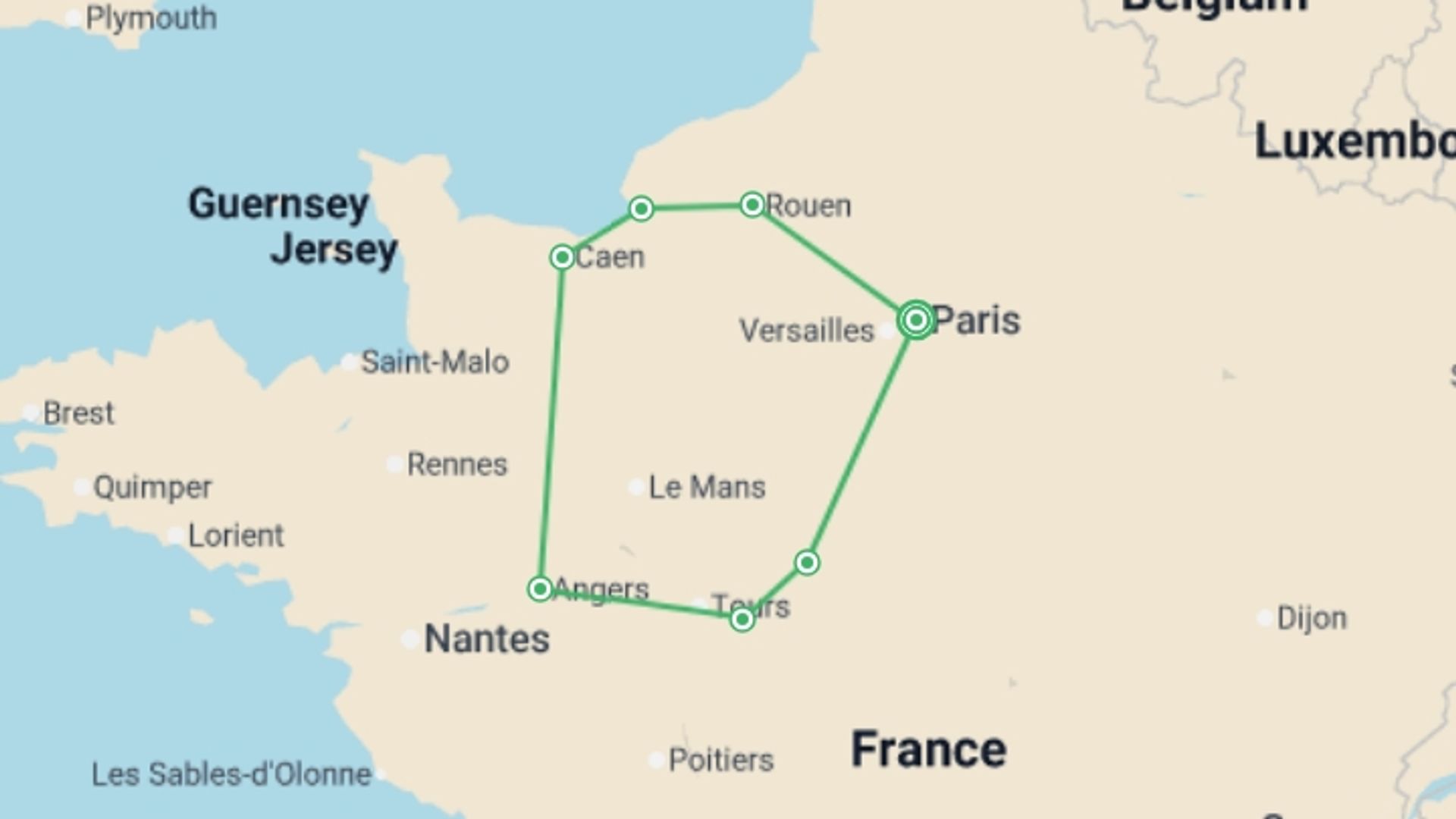 A map showing the tour itinerary for the trip: Northern France Express - 6 days, starting in Paris, France and ending in Paris, France going through 2 other destinations.