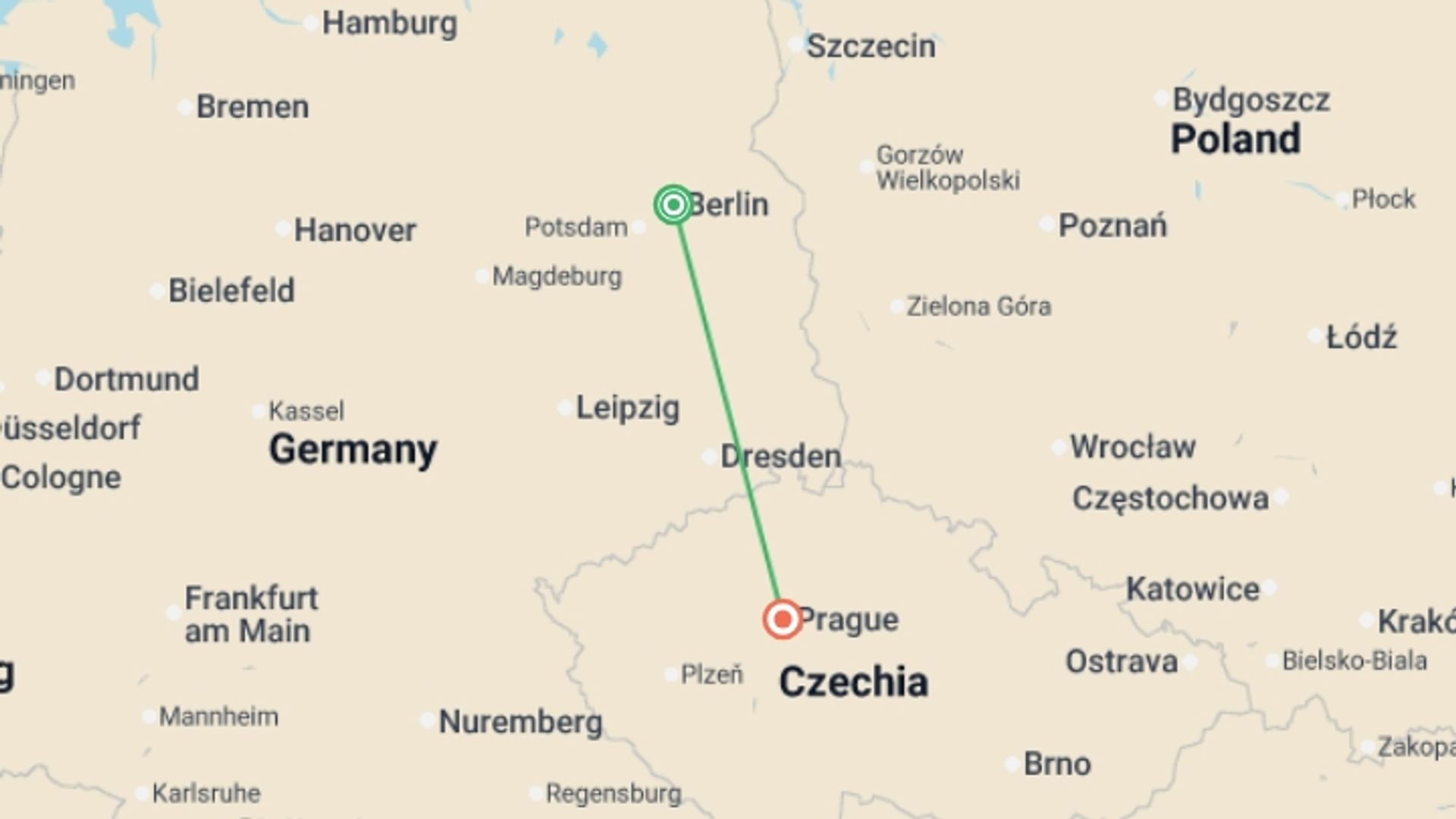 A map showing the tour itinerary for the trip: Berlin and Prague GO, starting in Berlin, Germany and ending in Prague, Czech Republic going through 0 other destinations.