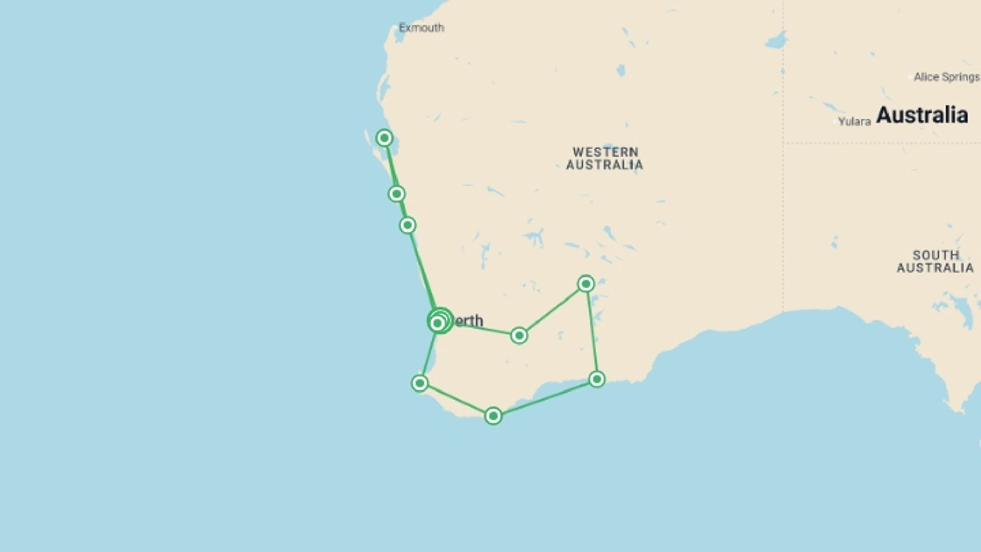 A map showing the tour itinerary for the trip: Western Wonderland, starting in Perth, Australia and ending in Perth, Australia going through 9 other destinations.