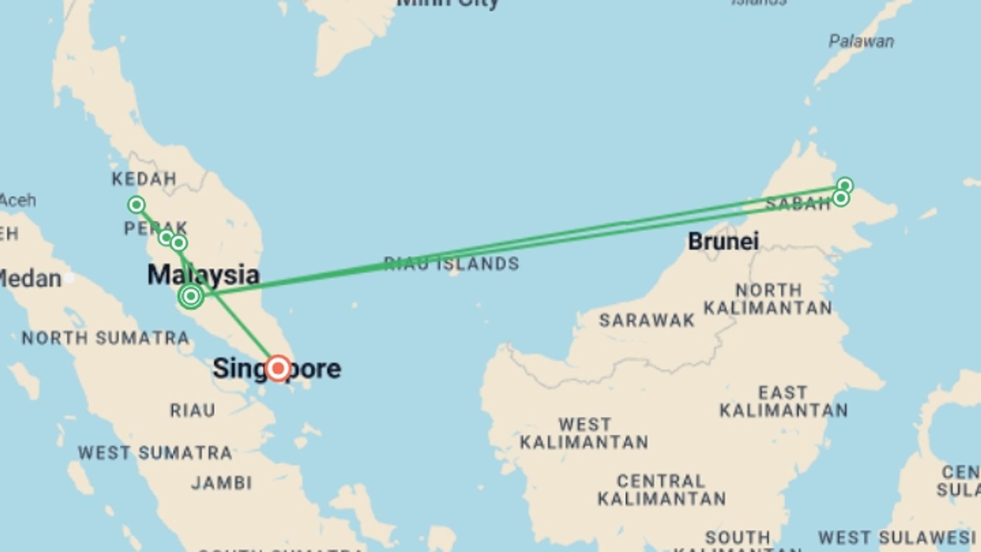 A map showing the tour itinerary for the trip: Malaysia, Borneo & Singapore Family Adventure - 12 days, starting in Kuala Lumpur, Malaysia and ending in Singapore, Singapore going through 5 other destinations.