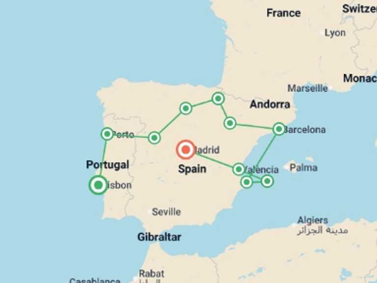 Map of Mediterranean Tour with 8 destination visits for the trip: Lisbon to Madrid