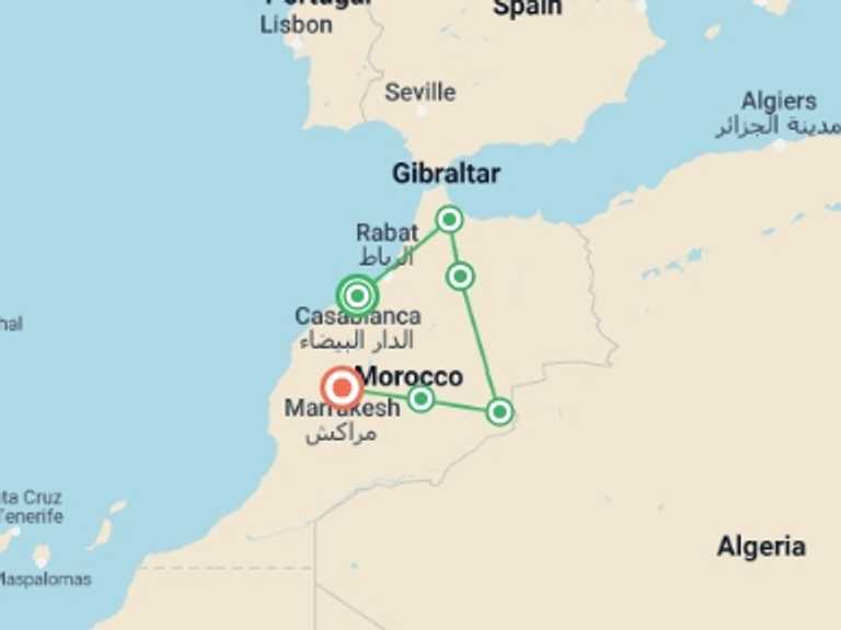 Map itinerary of Marrakech Tour in Winter with 7 destination visits for the trip: Eight Day Tour From Casablanca to Marrakech