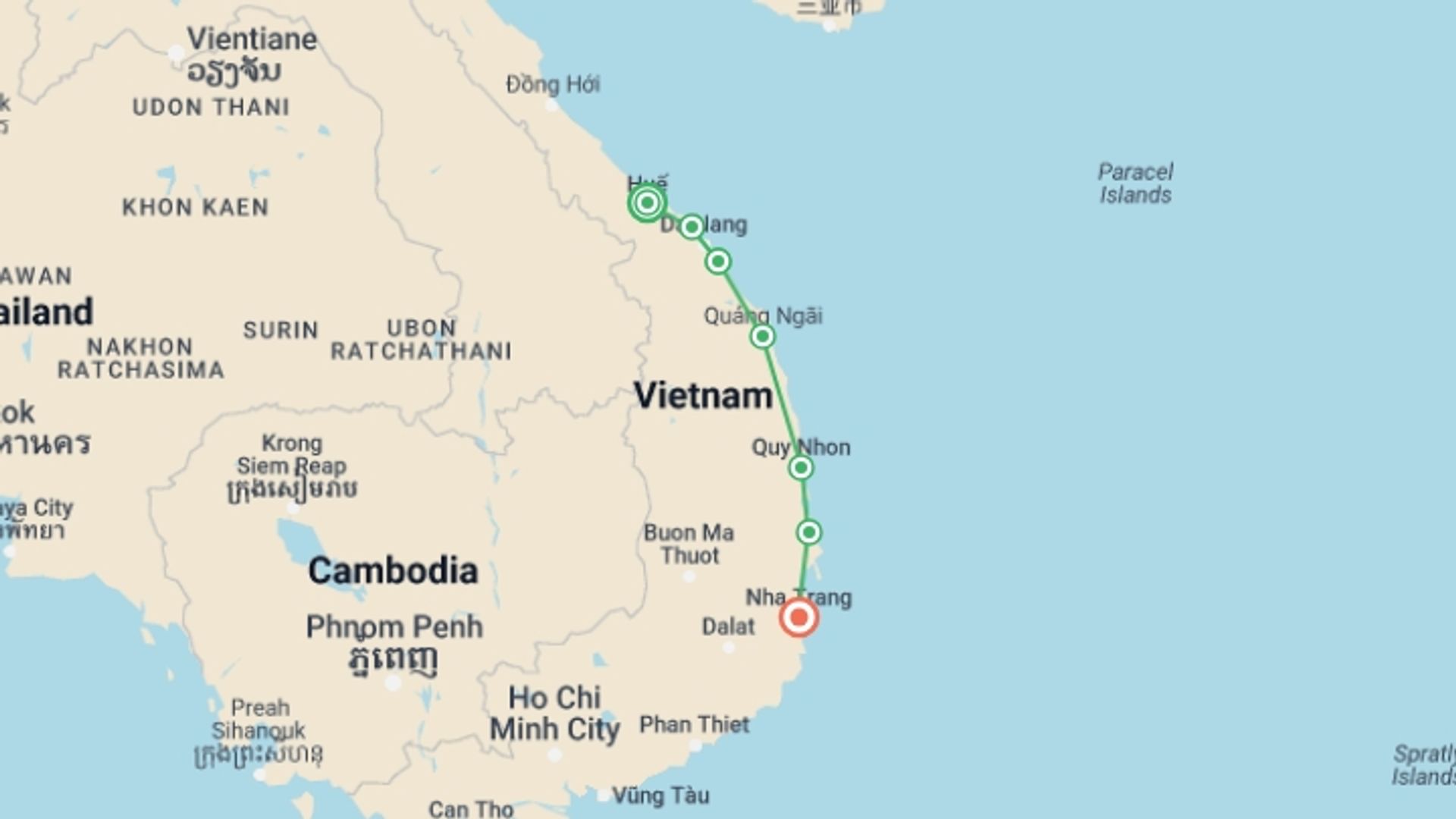 A map showing the tour itinerary for the trip: Cycling Vietnam's Central Coast, starting in Hue, Vietnam and ending in Nha Trang, Vietnam going through 6 other destinations.
