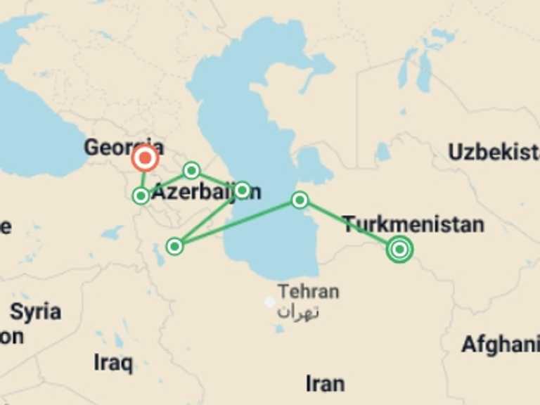 Map of Ashgabat Explorer Tour with 5 destination visits for the trip: Ashgabat To Tbilisi (26 Days)