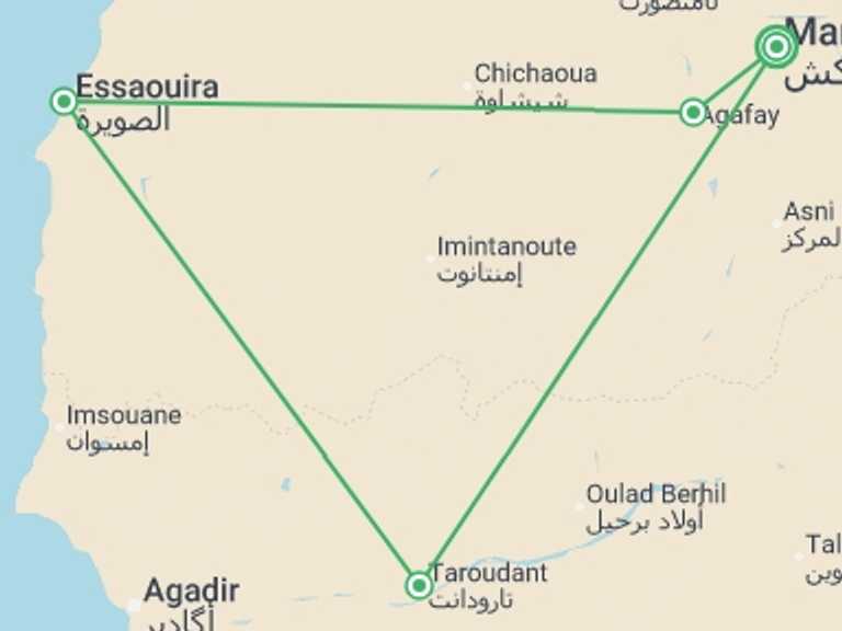 Map of Mediterranean Tour with 5 destination visits for the trip: Culture and Coastlines in Morocco