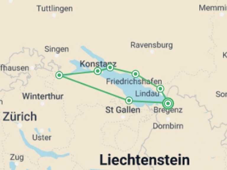 Map itinerary of Austria Tour in August 2026 with 5 destination visits for the trip: Highlights of Lake Constance by Bike