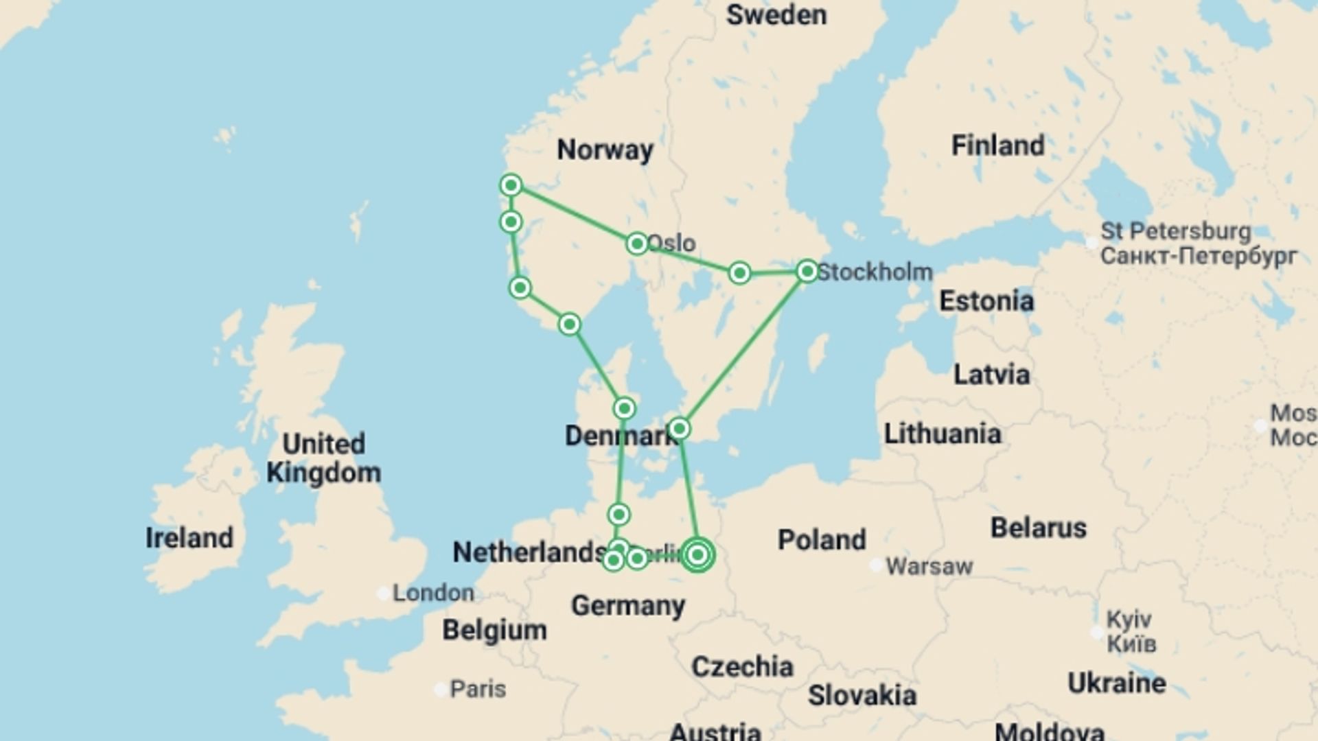A map showing the tour itinerary for the trip: Northern Germany and Scandinavia with Berlin, starting in Berlin, Germany and ending in Berlin, Germany going through 7 other destinations.