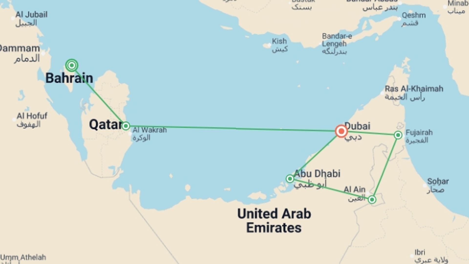 A map showing the tour itinerary for the trip: Bahrain, Qatar, Dubai and Arab Emirates, starting in Manama, Bahrain and ending in Dubai, UAE going through 4 other destinations.
