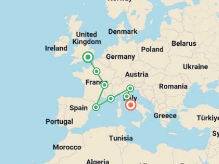 Map of a Art and architecture Tour with 8 destination visits for the trip: London to Rome