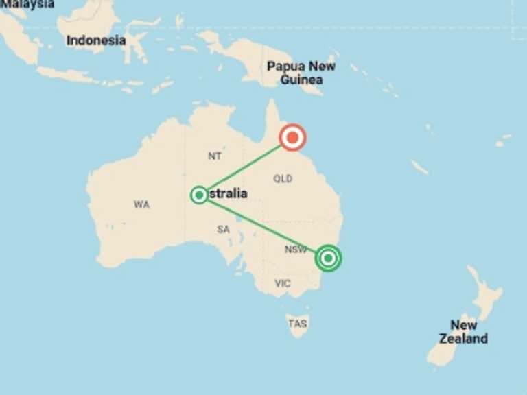 Map itinerary of Australia Tour in February 2026 with 4 destination visits for the trip: Bucket List Australia