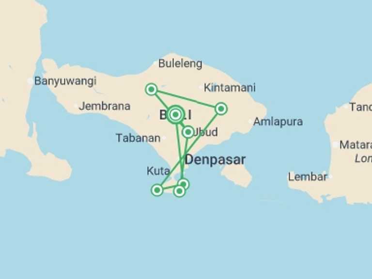 Map itinerary of Asia Tour in August 2026 with 7 destination visits for the trip: Bali Authentique In 10 Days