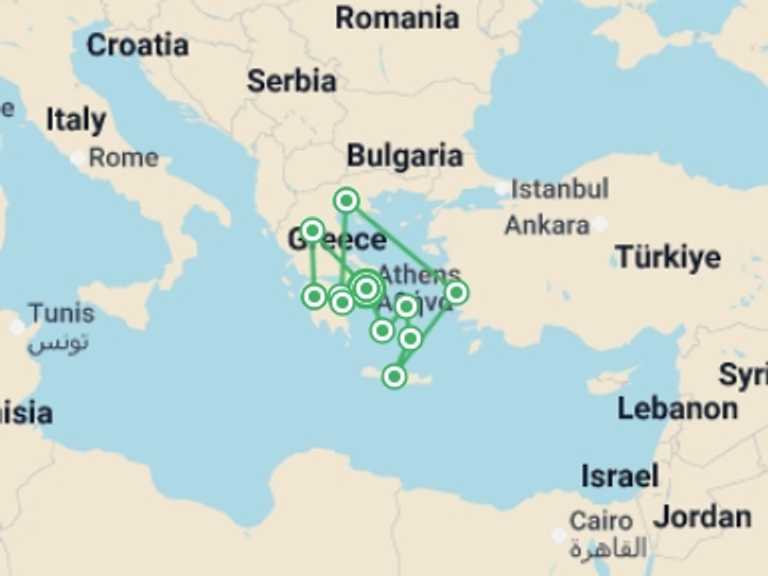 Map of 15-Day Europe Tour with 11 destination visits for the trip: Grecian Fables