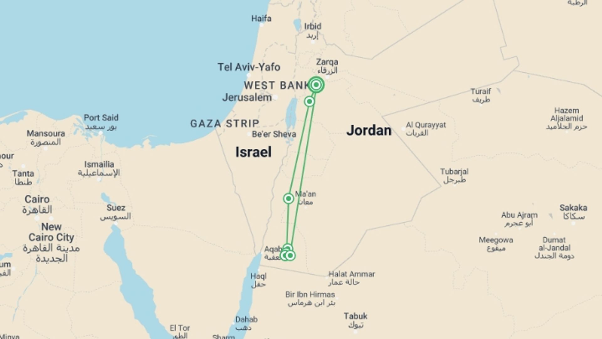 A map showing the tour itinerary for the trip: Petra & the Bedouin Trail, starting in Amman, Jordan and ending in Amman, Jordan going through 6 other destinations.