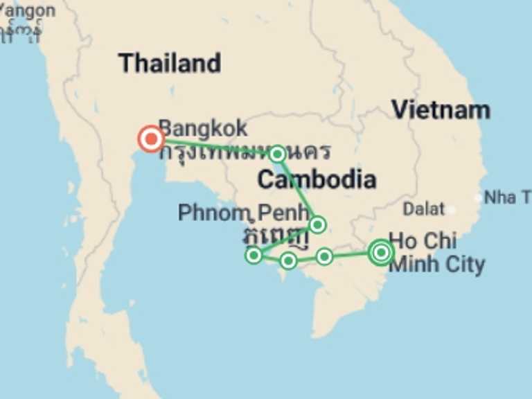 Map itinerary of Bangkok Tour in July 2026 with 7 destination visits for the trip: Southeast Asia Trifecta: Cambodia, Vietnam & Bangkok Vibes