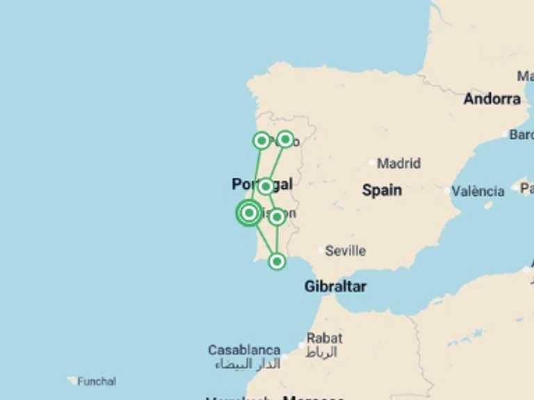 Map itinerary of Europe Tour in September 2026 with 7 destination visits for the trip: Country Roads of Portugal, a Women-Only Tour