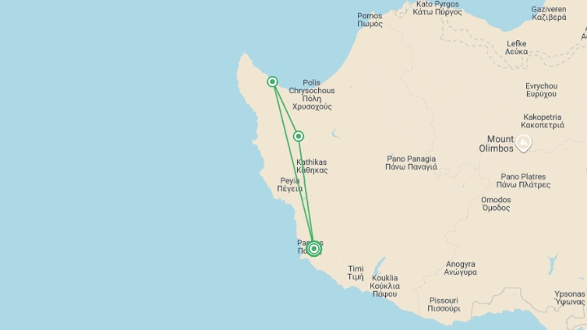 A map showing the tour itinerary for the trip: Cyprus Winter Walking, starting in Paphos, Cyprus and ending in Paphos, Cyprus going through 2 other destinations.