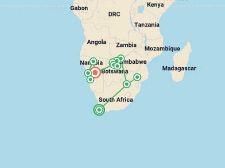 Map itinerary of Africa Tour in June 2026 with 13 destination visits for the trip: Southern Africa Safari