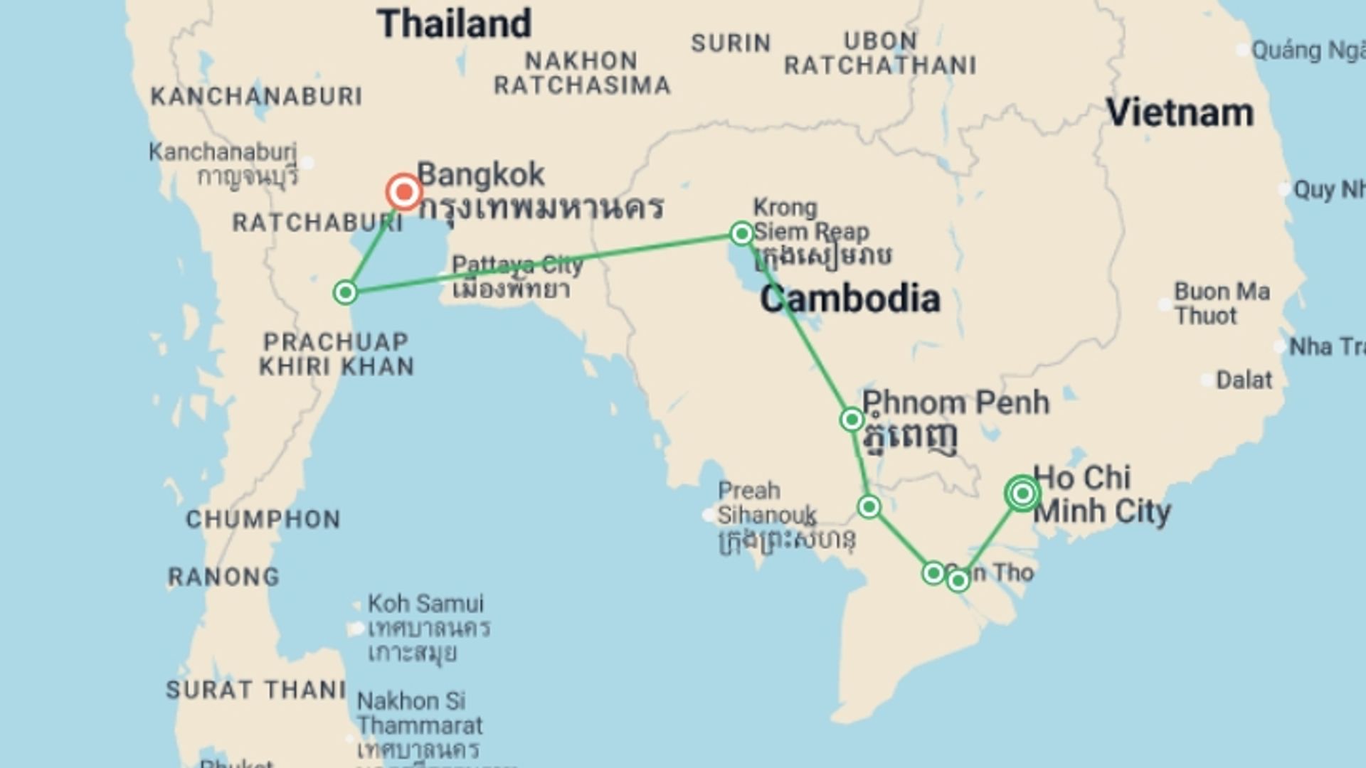 A map showing the tour itinerary for the trip: South Vietnam & Cambodia to Bangkok - 15 days, starting in Ho Chi Minh City, Vietnam and ending in Bangkok, Thailand going through 6 other destinations.