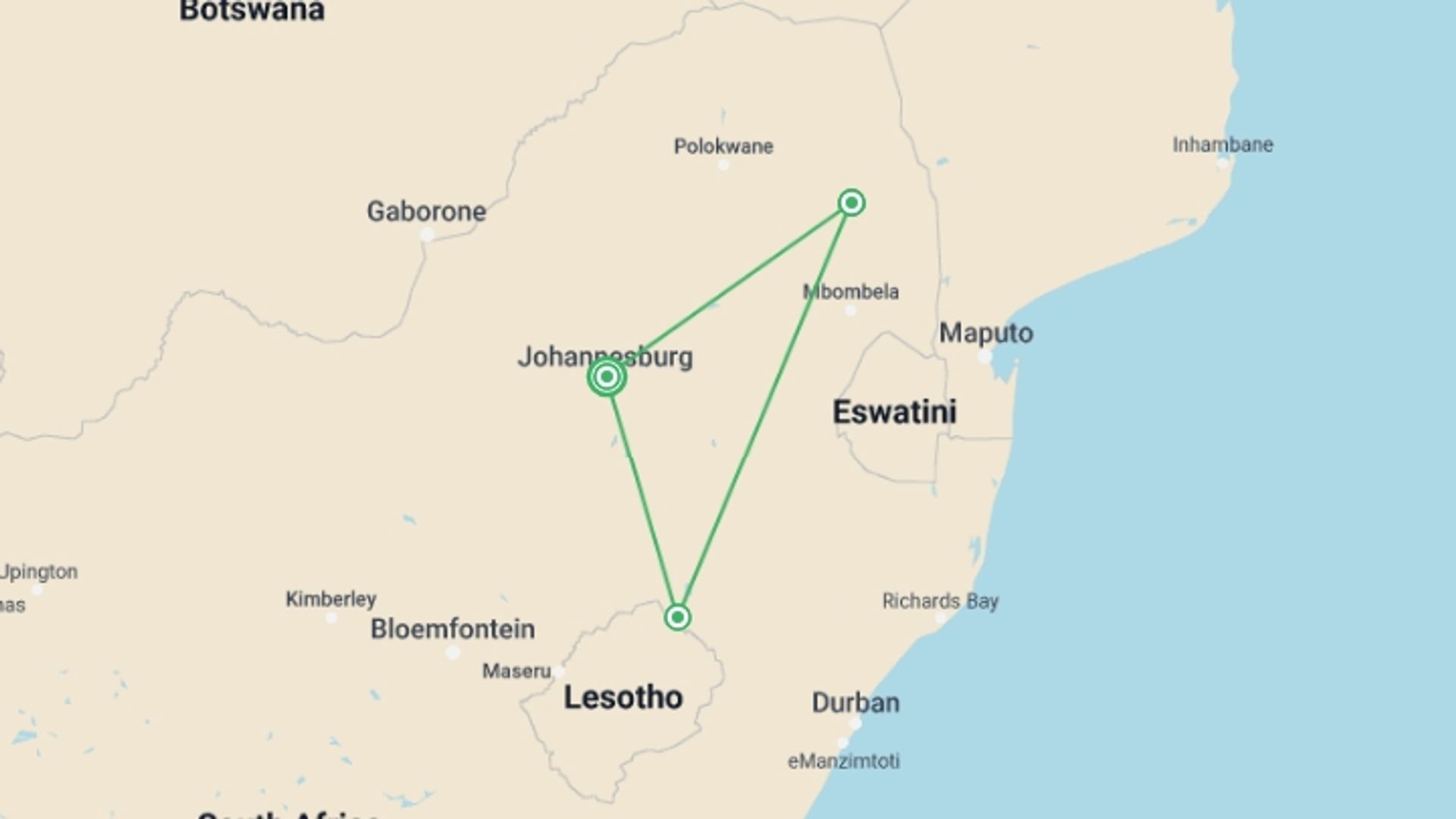 A map showing the tour itinerary for the trip: Active South Africa: Kruger Safari & Tugela Falls, starting in Johannesburg, South Africa and ending in Johannesburg, South Africa going through 2 other destinations.