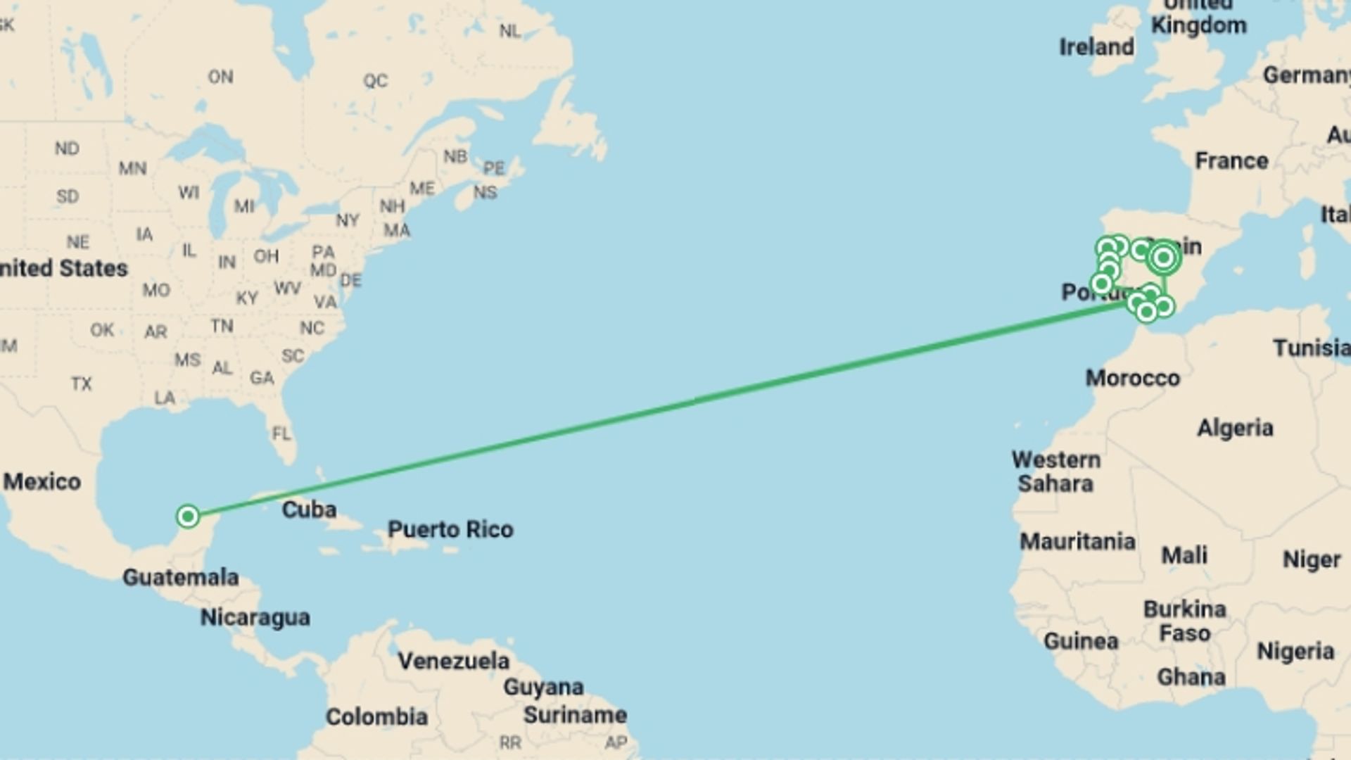 A map showing the tour itinerary for the trip: Spain And Portugal Highlights (small Group), starting in Madrid, Spain and ending in Madrid, Spain going through 7 other destinations.