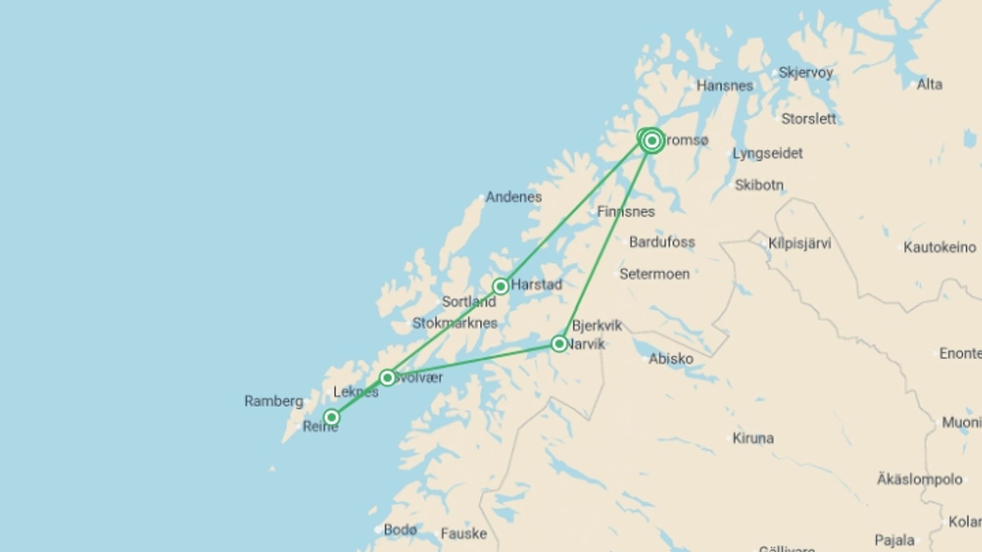 A map showing the tour itinerary for the trip: Tromso Arctic Experience -  6 days, starting in Tromso, Norway and ending in Tromso, Norway going through 4 other destinations.