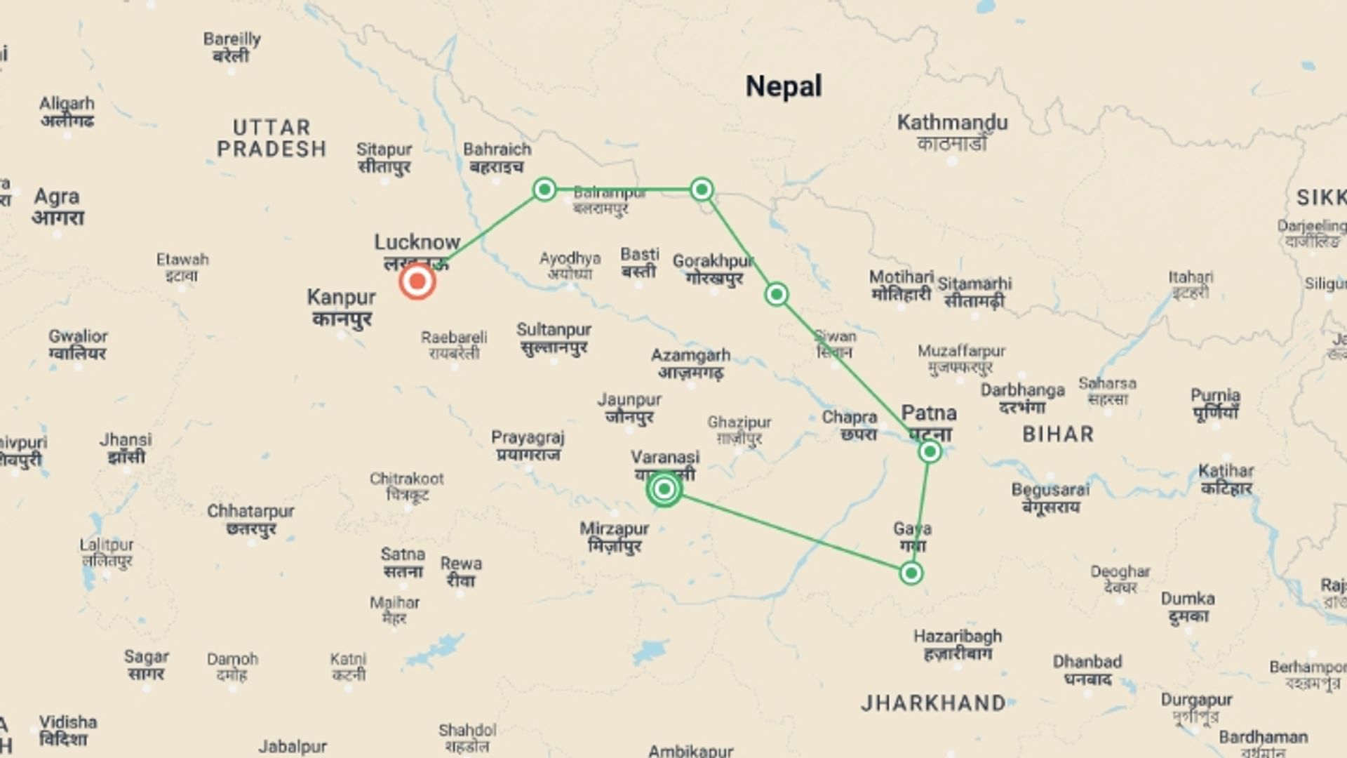 A map showing the tour itinerary for the trip: 7 Days Buddhist Tour, starting in Varanasi, India and ending in Lucknow, India going through 6 other destinations.