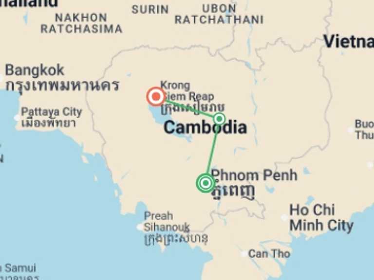 Map itinerary of Cambodia Tour in December 2026 with 3 destination visits for the trip: Cambodia Discovery - 8 days