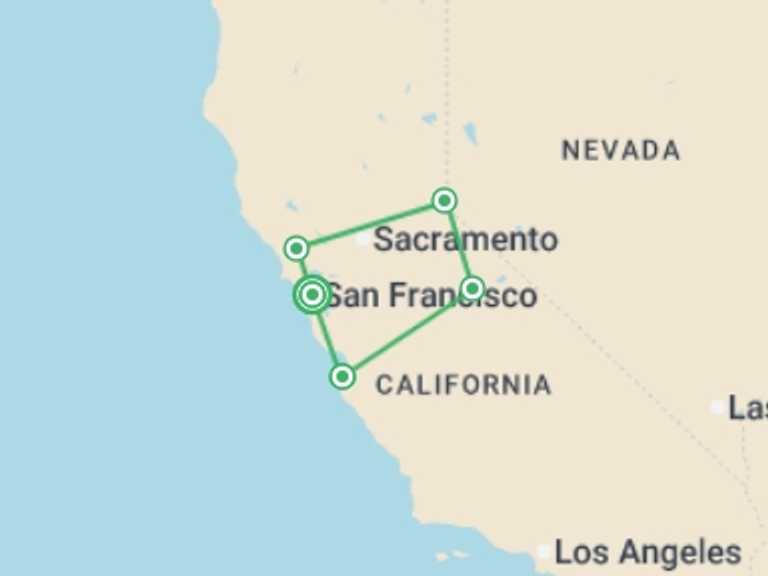 Map itinerary of USA Tour in Spring with 5 destination visits for the trip: Northern California with Yosemite National Park