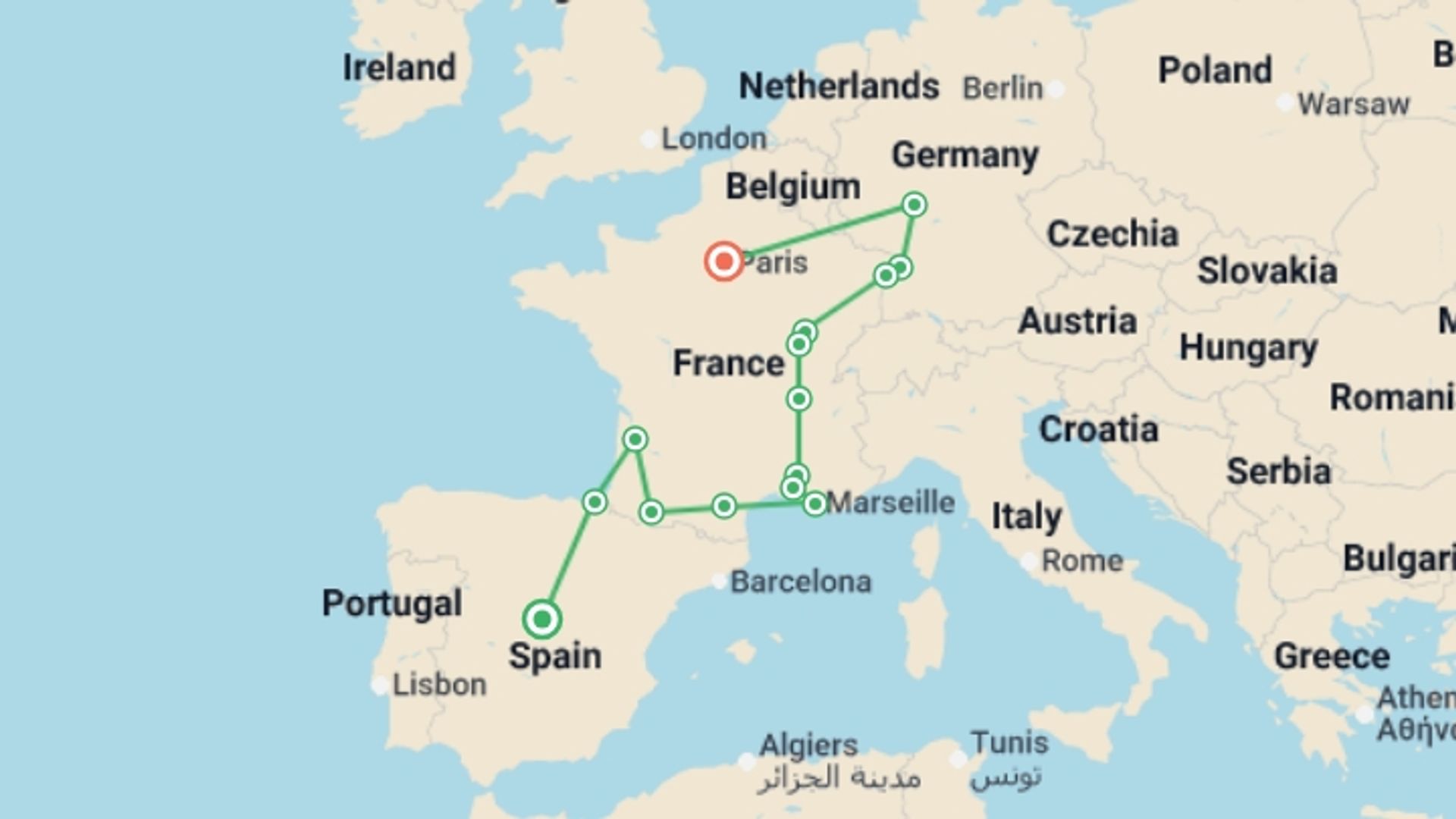 A map showing the tour itinerary for the trip: Spain, Burgundy, Alsace and Black Forest, starting in Madrid, Spain and ending in Paris, France going through 8 other destinations.