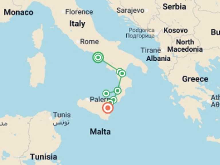 Map of Amalfi Coast & Campania Trekking and Hiking Tour with 7 destination visits for the trip: Calabria: Naples to Catania