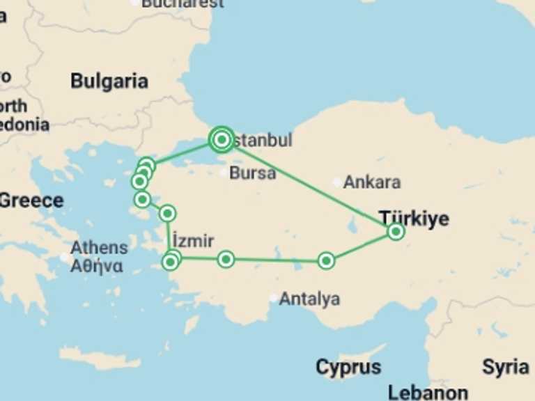 Map of Europe Tour with 6 destination visits for the trip: ANZAC Memorial Tour of Turkey - 11 days