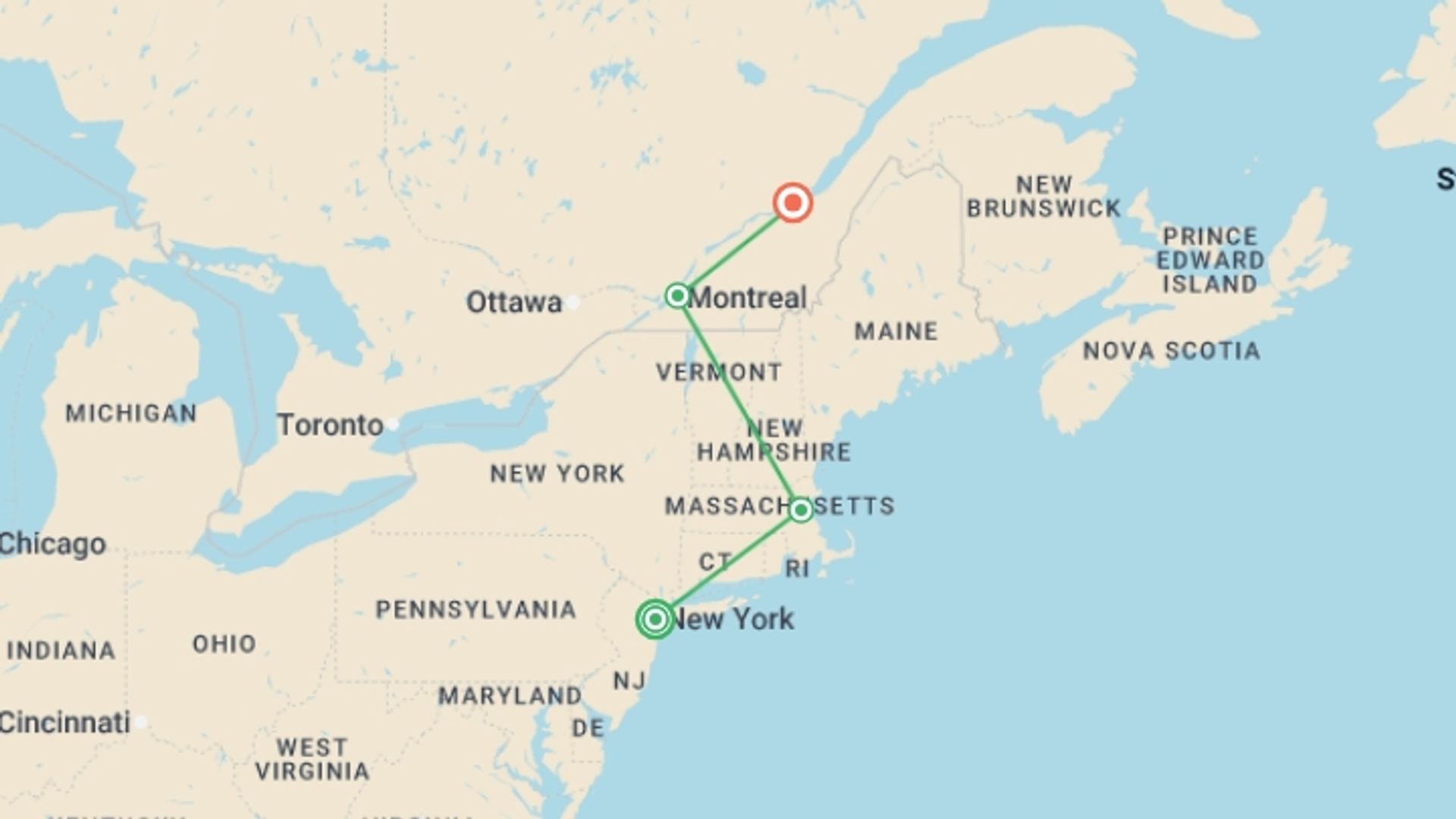 A map showing the tour itinerary for the trip: Essential East Coast, starting in New York, USA and ending in Quebec City, Canada going through 2 other destinations.