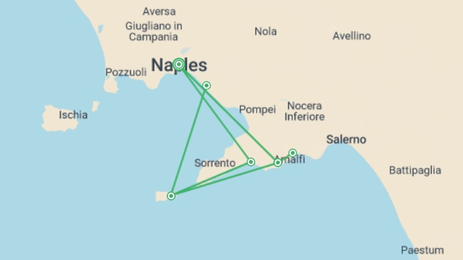 A map showing the tour itinerary for the trip: Amalfi Coast Walking - Hotel Risorgimento, starting in Naples, Italy and ending in Naples, Italy going through 3 other destinations.