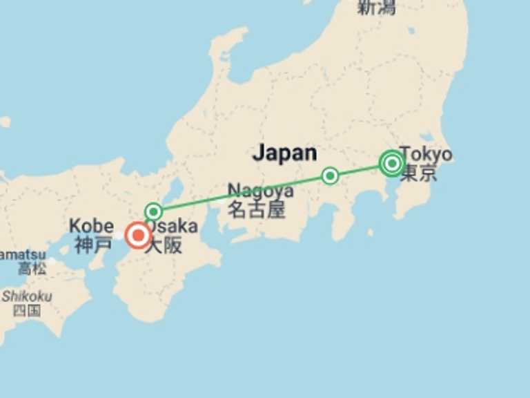 Map itinerary of Japan Tour in Spring with 4 destination visits for the trip: Essential Japan