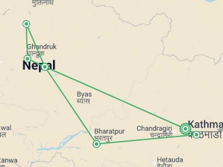 Map of Asia Tour with 6 destination visits for the trip: Nepal: Annapurna Hiking & Chitwan National Park