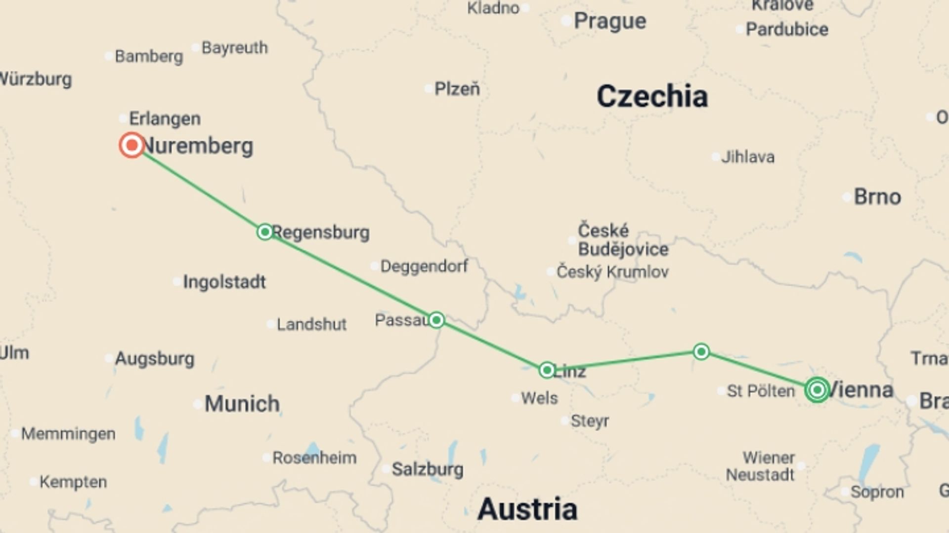 A map showing the tour itinerary for the trip: European Holiday Markets (2027), starting in Vienna, Austria and ending in Nuremberg, Germany going through 4 other destinations.